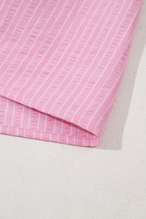 Pink Stripe V Neck Puff Short Sleeve Maxi Dress